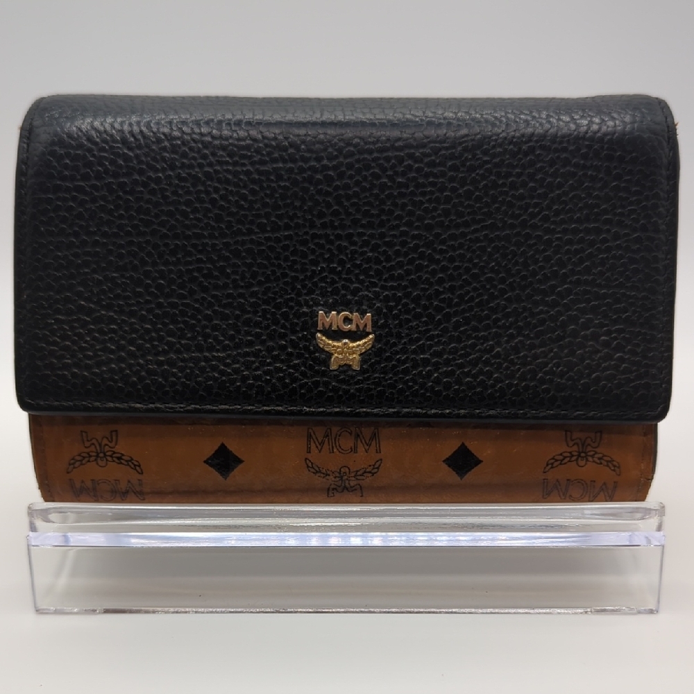 MCM Black and Tan Leather Wallet Gold Visetos With COA